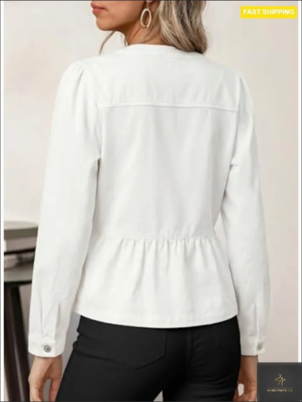 Cropped Denim Jacket Peplum Ruffle Hem Puff Sleeves Chic Modern Button Down